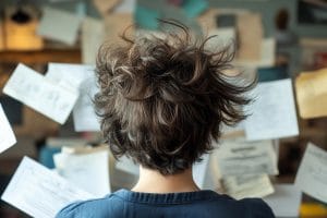 back of person's head with wind blowing hair and papers around representing chaos and how you can use chatgpt to orgainse ideas