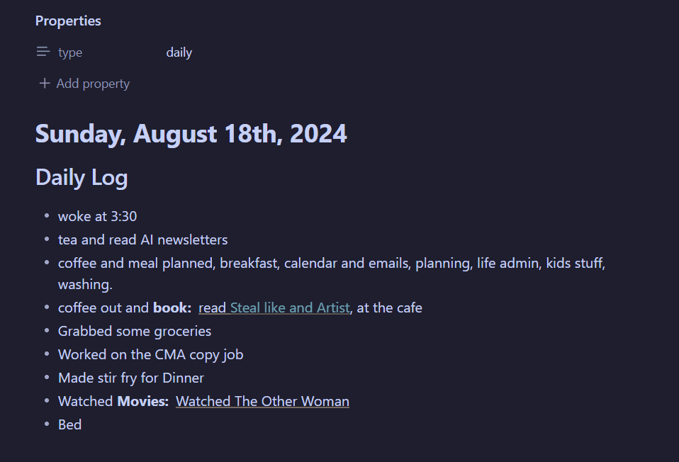 An example of my daily log in Obsidian