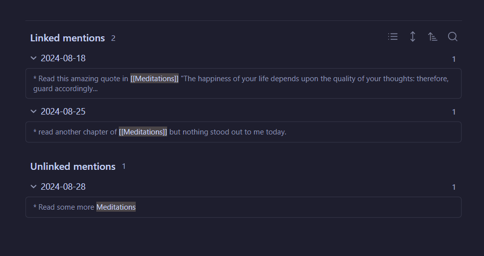 unlinked references in obsidian note