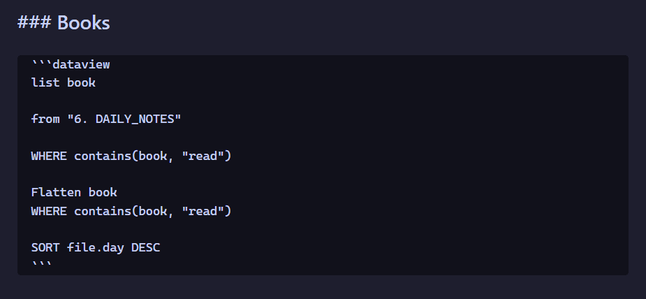 Dataview view of my reading log