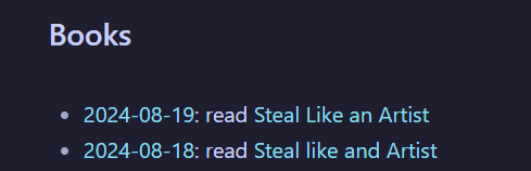 Dataview output in Reading Log