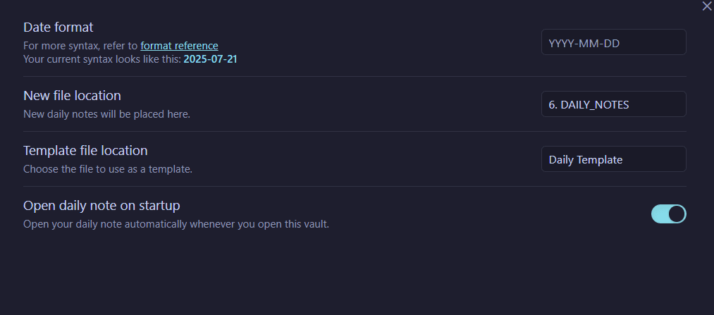 setting up daily notes screenshot