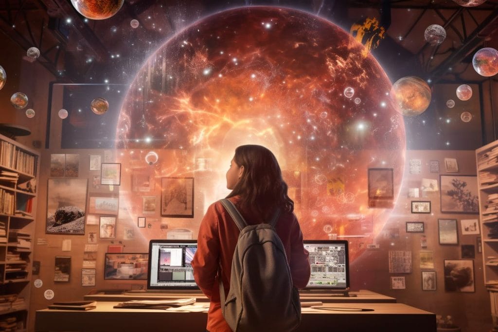 girl in school ambience, futuristic, generative ai representing feynman technique and AI