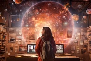 girl in school ambience, futuristic, generative ai representing feynman technique and AI