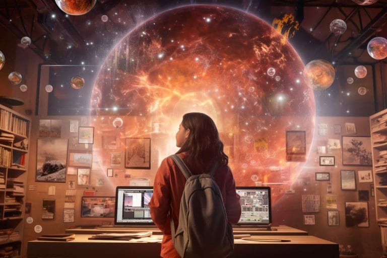 girl in school ambience, futuristic, generative ai representing feynman technique and AI