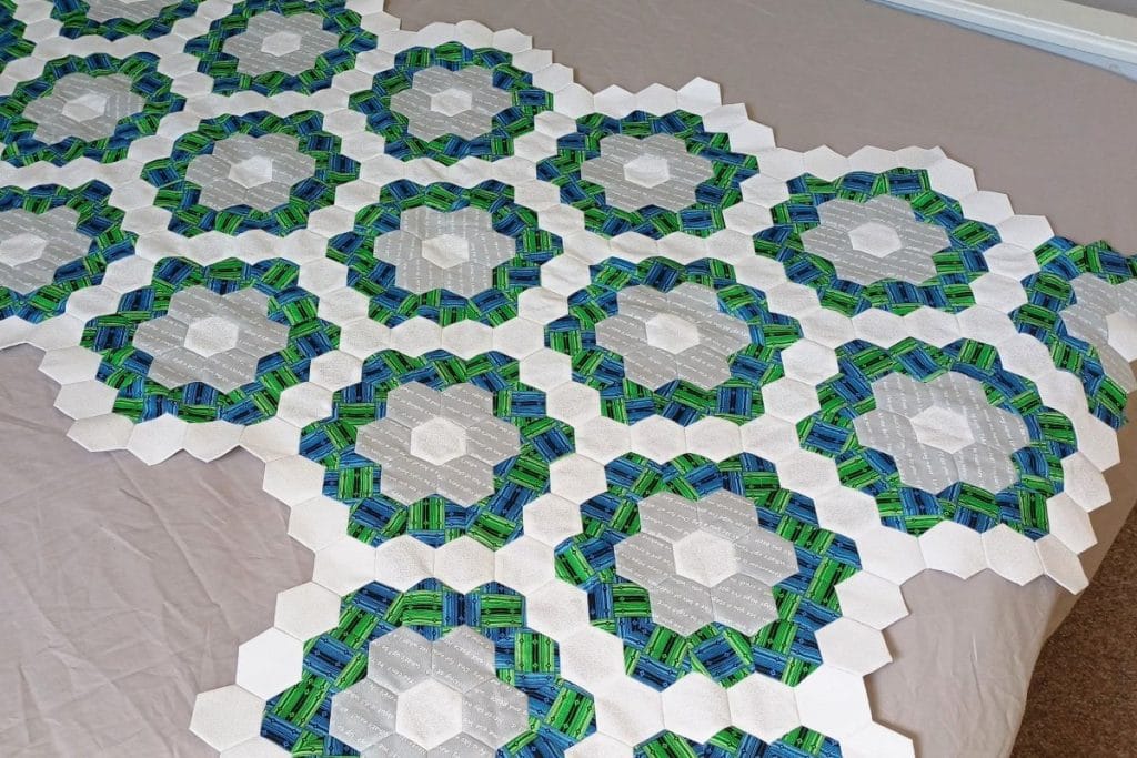 half-finished hexagon quilt Englished paper pieced